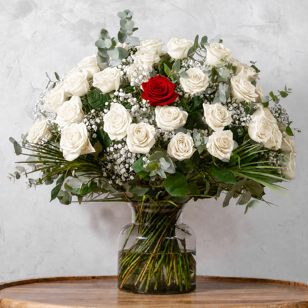 Fifty White & One Red Roses bouquet, fifty white roses accented with a single red rose