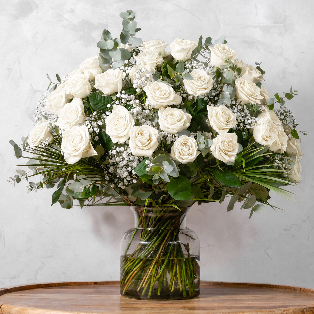 Fifty White Roses bouquet, fifty hand-tied white roses with gypsophila and seasonal greens