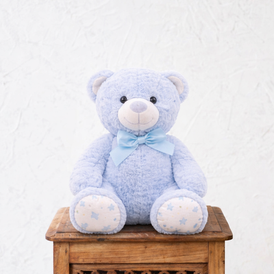 Blue teddy bear with a bow tie on a wooden box against a white background