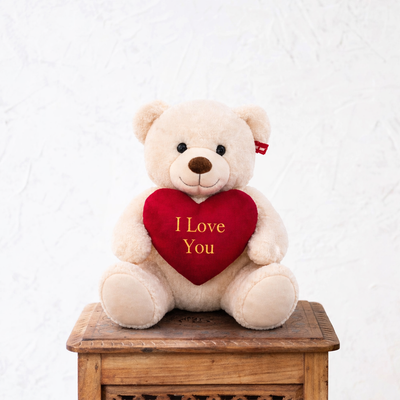 Beige teddy bear with a red heart that says 'I Love You' on a white background