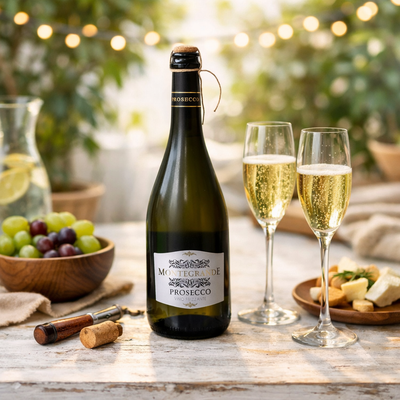 Bottle of Montegrande Prosecco with two glasses on a wooden table outdoors.