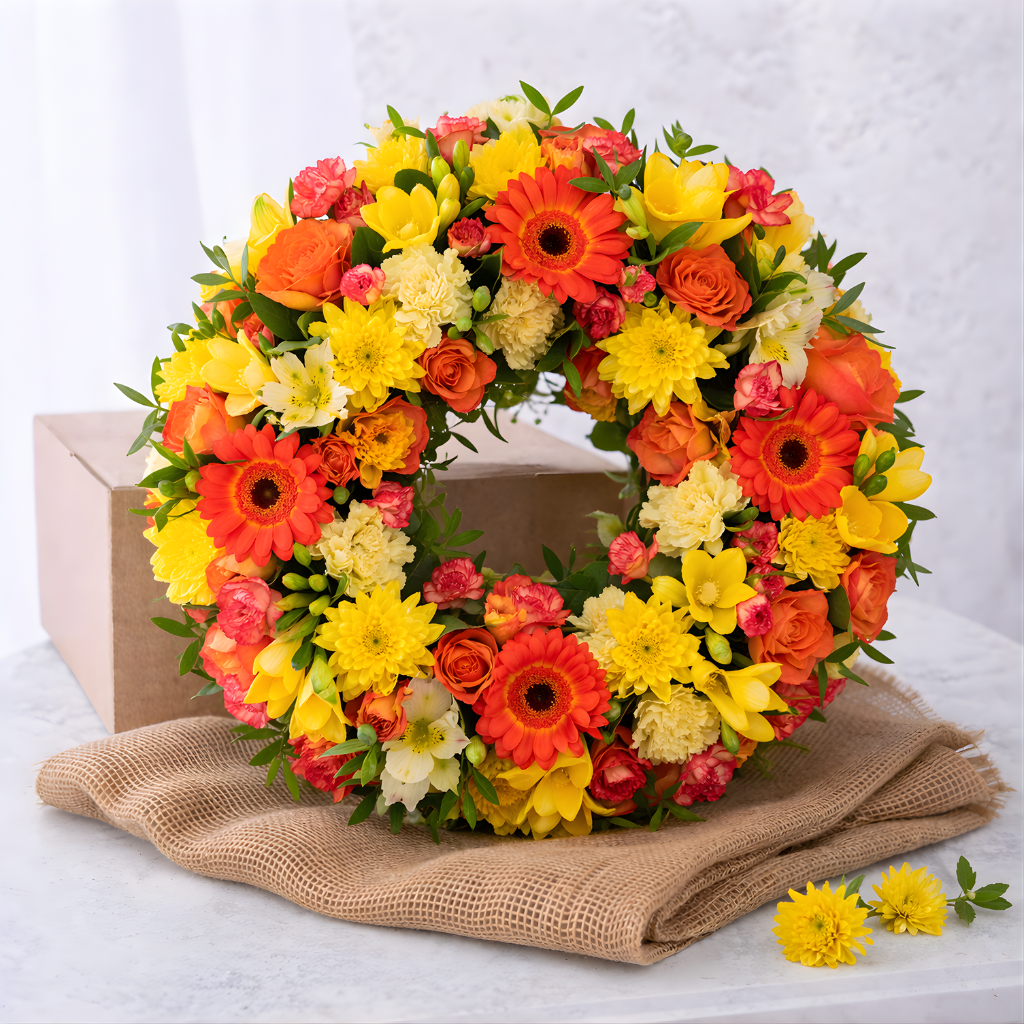 Colorful flower wreath with orange, yellow, and pink flowers on a white background