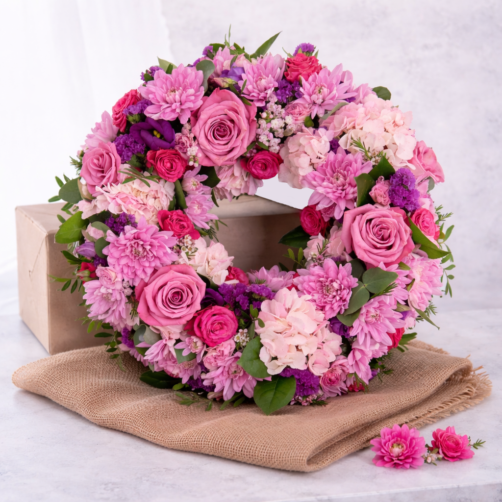 Floral wreath with pink and purple flowers on a white background