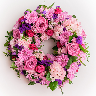 Pink sympathy wreath with seasonal flowers for funeral delivery Ireland