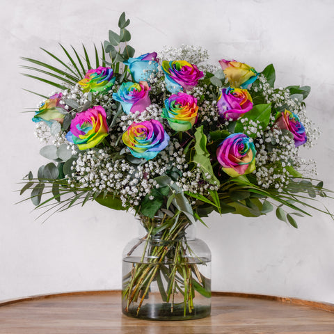 Dozen Rainbow Roses bouquet, twelve colour-enhanced rainbow roses hand-tied