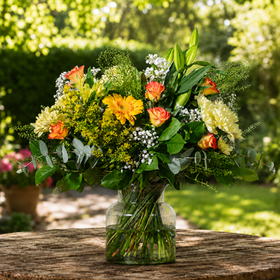 Bouquet of flowers in a clear vase on a wooden table with a garden background