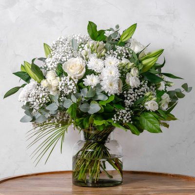 Elegant white hand-tied bouquet full arrangement sympathy anniversary Dublin