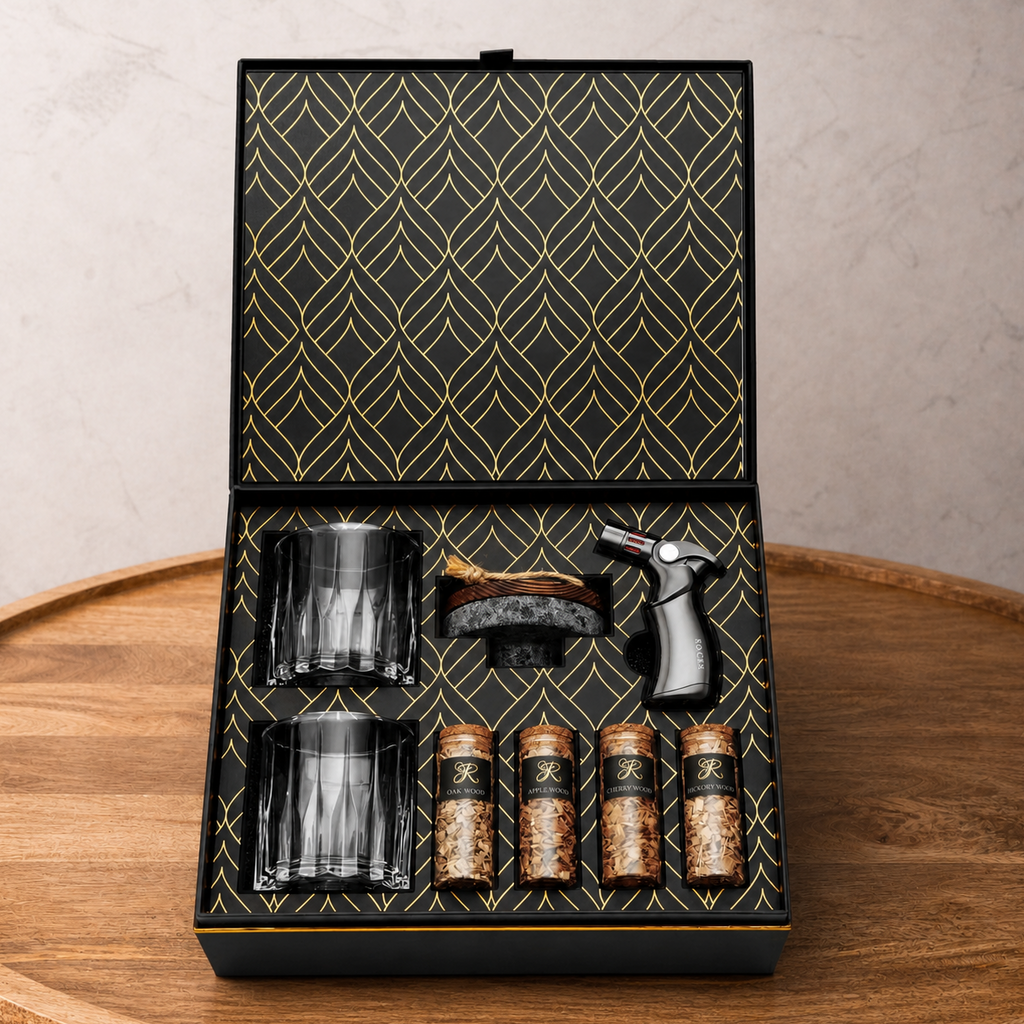 Set of glass tumblers, a brush, and bottles in a decorative box on a wooden surface.