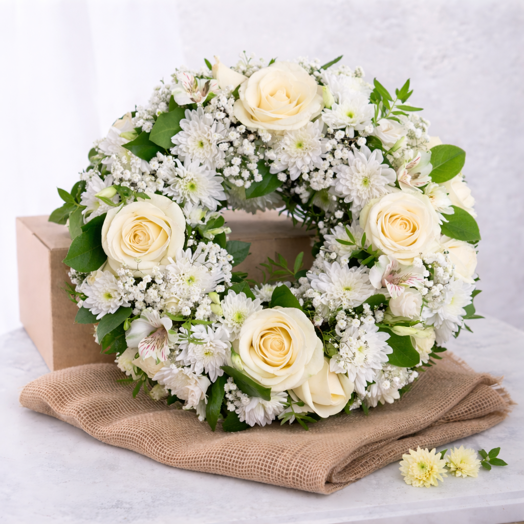 Floral wreath with white roses and greenery on a white background