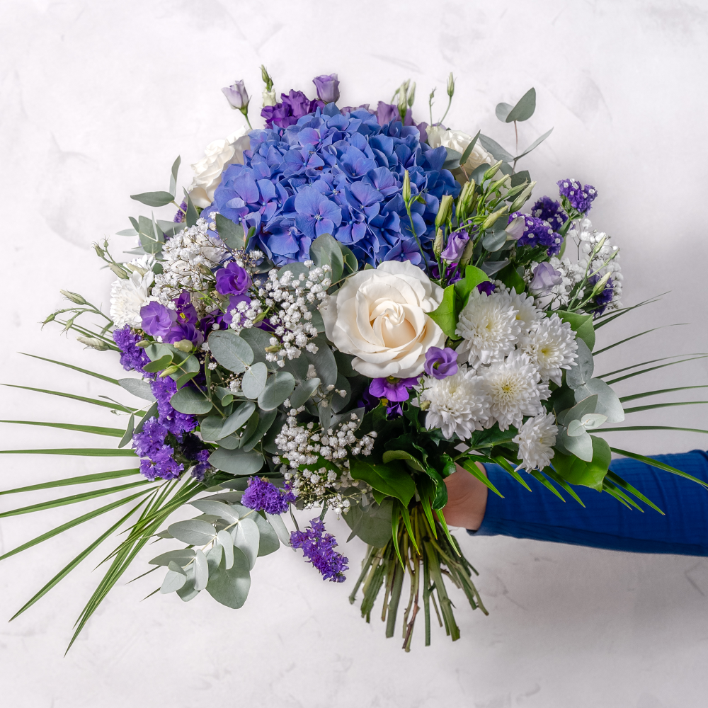 Blue Moon bouquet of roses, hydrangea and lisianthus in blue and lilac tones