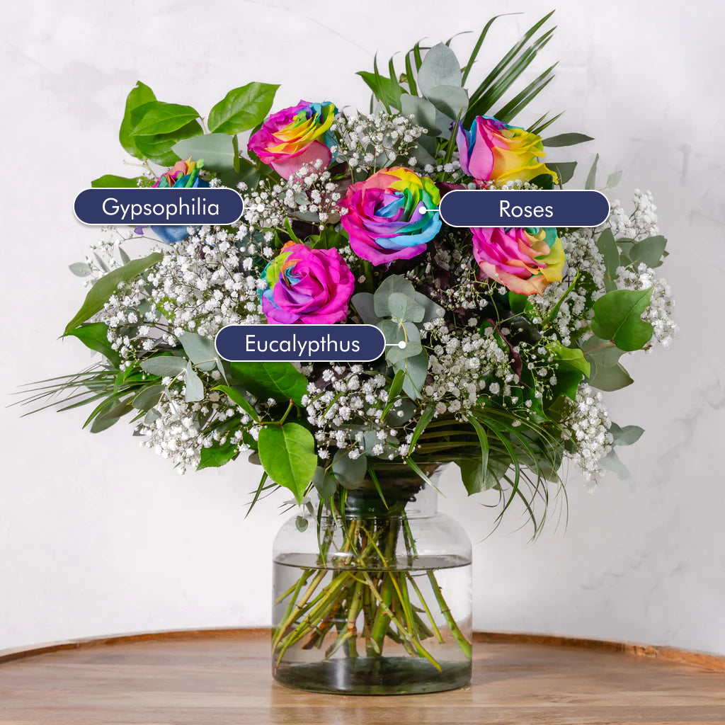 a descriptive image of rainbow roses featuring each stem name 