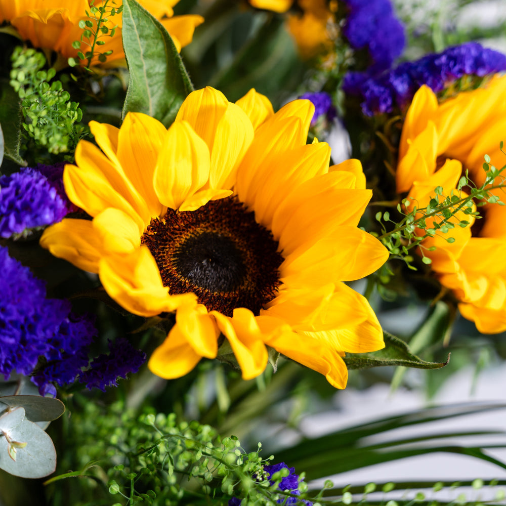 Close up of sunflowers, camomile, thlaspie and eucalyptus in the Sunflower Smile bouquet