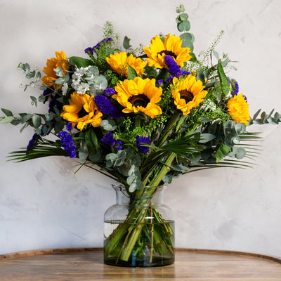 Sunflower Smile bouquet of fresh sunflowers, camomile and eucalyptus 