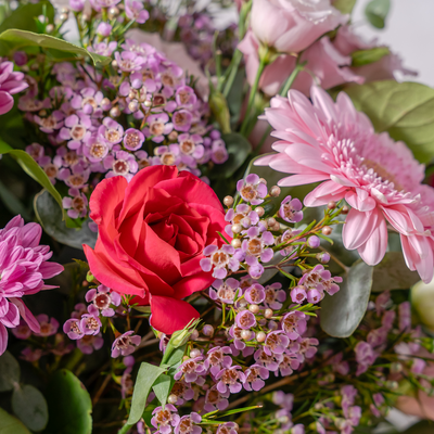 Bouquet of colorful flowers including pink and red roses.