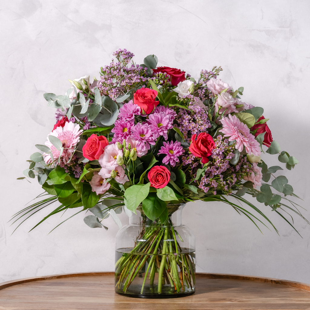 Pretty in Pink bouquet pink roses gerbera and sweet william in vase The Flower Factory Dublin