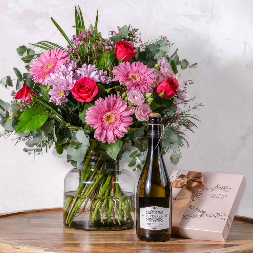 Pretty in Pink bouquet with chocolates and prosecco pink bundle The Flower Factory Dublin