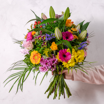 Colourful hand-tied seasonal bouquet close-up The Flower Factory