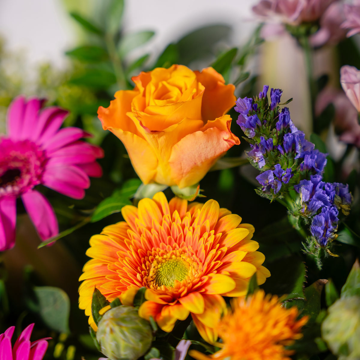 Vibrant mixed bloom bouquet side view same-day delivery Dublin