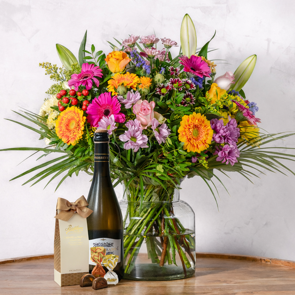 Surprise bouquet with chocolates and prosecco gift bundle The Flower Factory Dublin