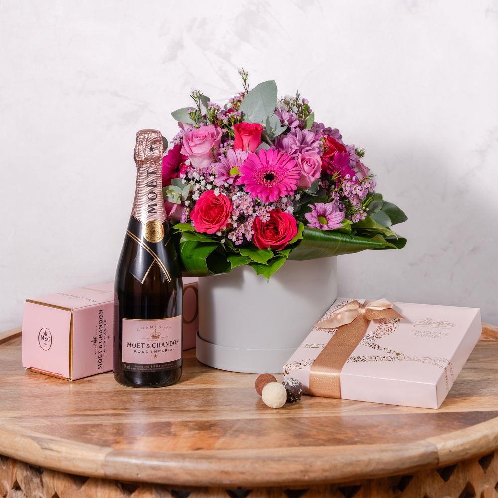 Full Ultimate Bundle gift set with hatbox flowers, Champagne and Chocolates ready for delivery across Ireland