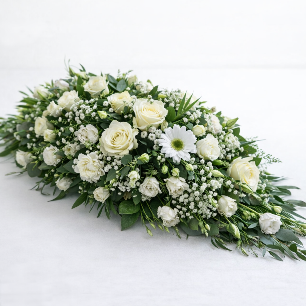 Bouquet of white flowers with greenery on a white background